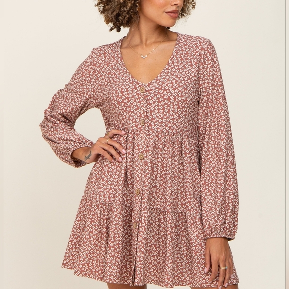 Mauve Button Up Long Sleeve Floral Dress - Picture 1 of 6